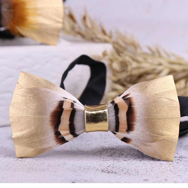 272 Golden Glitter Feather Wedding Groom Groomsman Butterfly Wedding Shirt Men's Yellow Bow Tie Flower