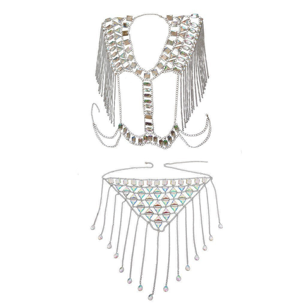 2023 European and American cross-border new sexy nightclub beach gem tassel small vest waist chain set body chain