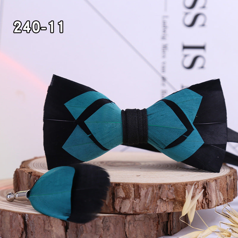 240 Dark Green Feather Male Bow Tie Brooch Set Business Wedding Party Host Shirt Men's Bow