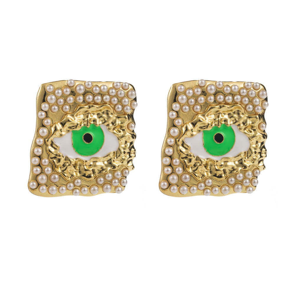European and American fashion trend alloy dripping oil eye stud earrings inlaid with pearls personality exaggerated s925 silver needle party earrings female
