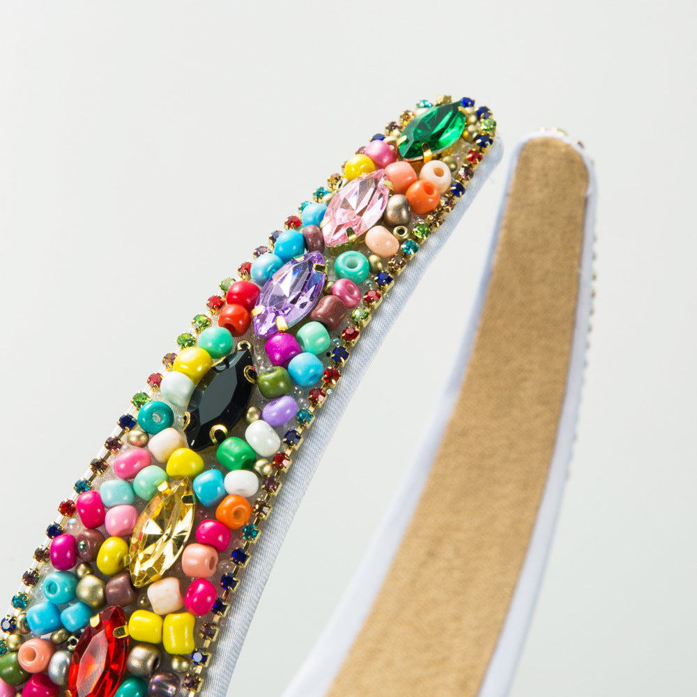 European and American fashion wide-brimmed color bead headbands, women's sense of luxury, personality, elegant rhinestone headbands, and outgoing versatile headwear