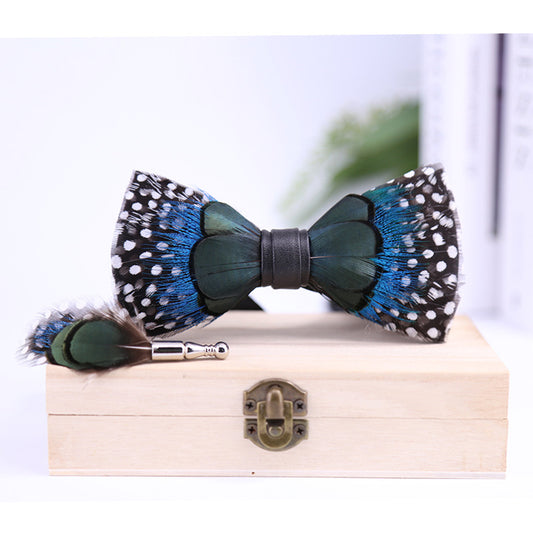 black and white dot peacock blue feather man host groom groomsmen group butterfly wedding bow tie spot