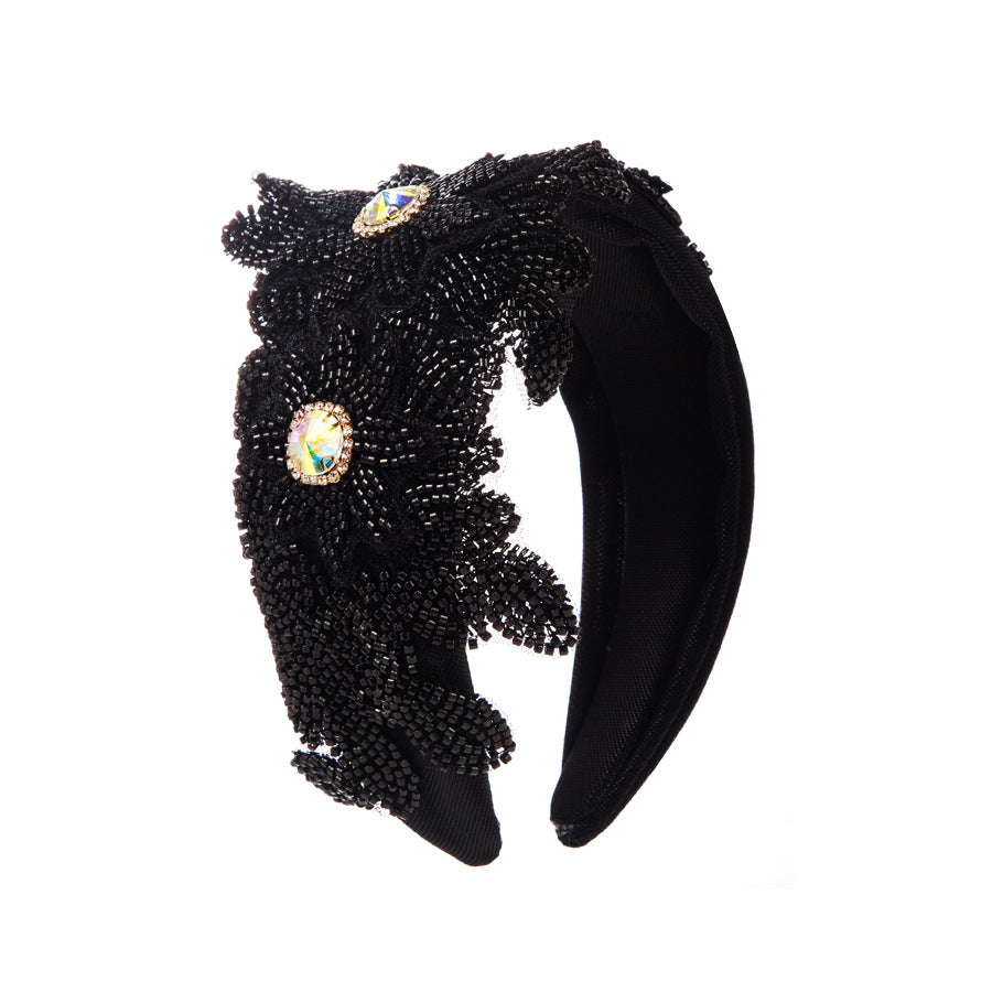 European and American retro elegant heavy industry wide-brimmed rhinestone resin flower headband princess silk cotton exquisite coil headband wholesale