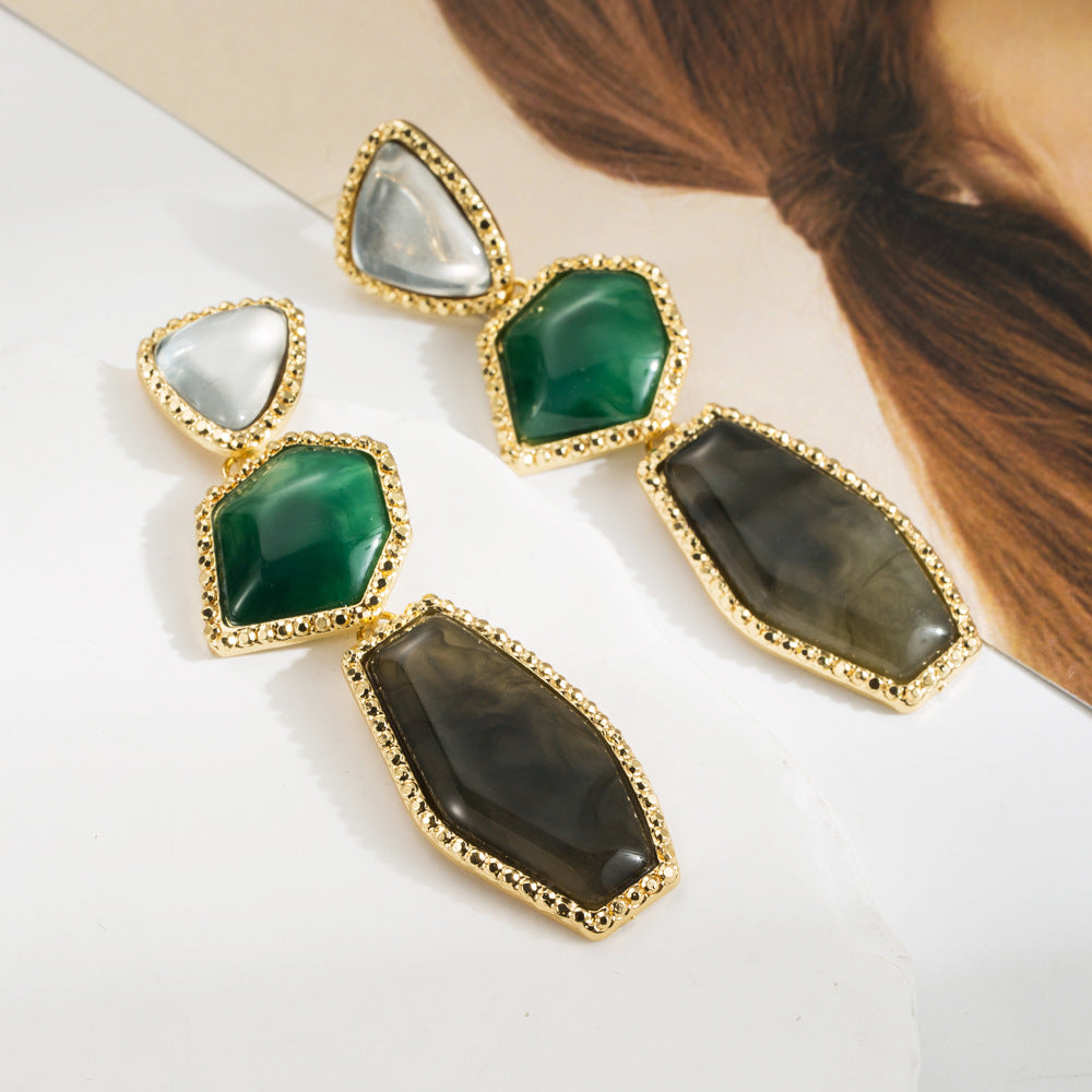 European and American long multi-layer irregular geometric earrings retro simple alloy inlaid resin ear jewelry cross-border supply