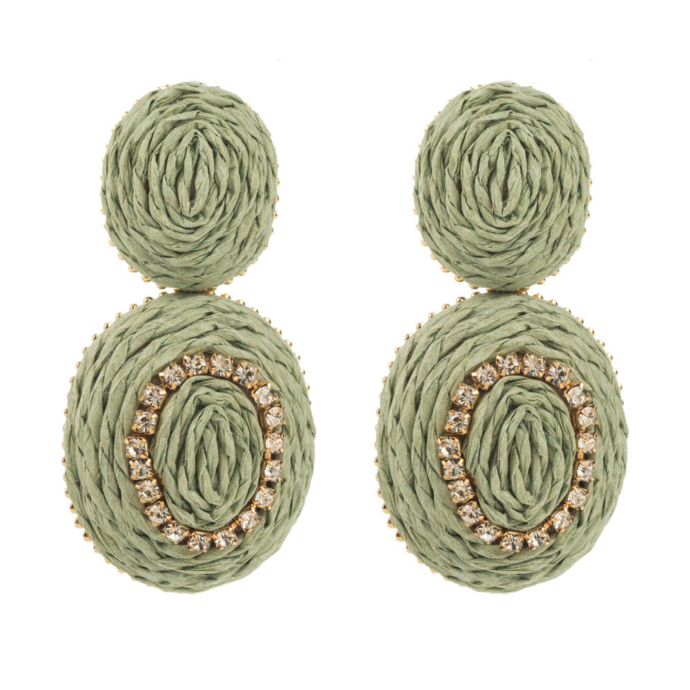 European and American hand-woven raffia with diamonds, exaggerated personality drop earrings, bohemian resort style versatile earrings, earrings