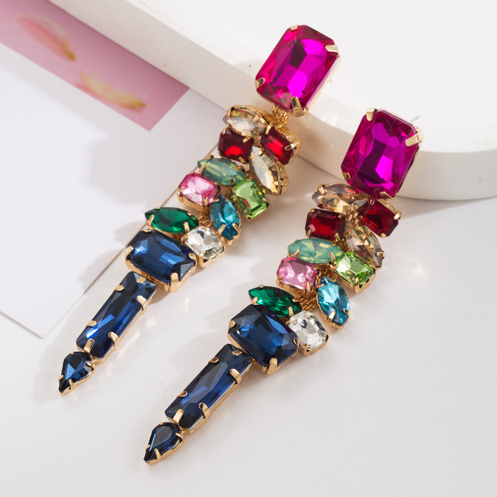 European and American fashion ZA exaggerated long claw chain wheat ear tassel earrings women's light luxury alloy set with colored diamonds high-end earrings