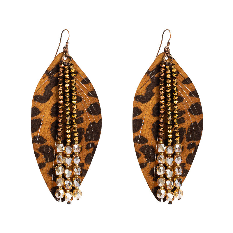 Cross-border hot personality leather earrings, leaf-shaped leopard leather crystal tassels, high-quality niche exaggerated earrings