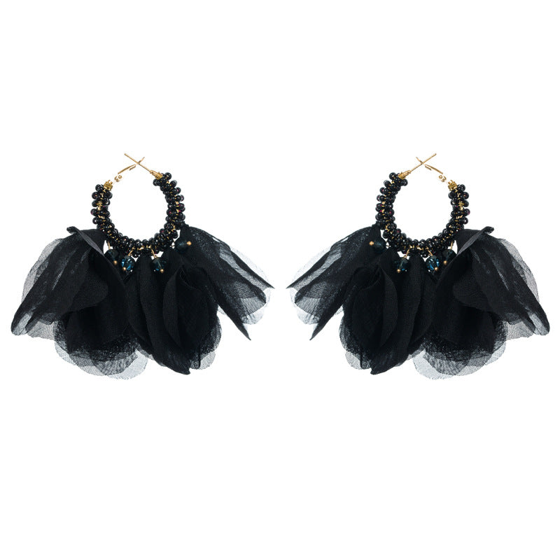 European and American Personality Creative Handwoven Beaded Flower Earrings Earrings Exaggerated Bohemian Chiffon Flower Earrings