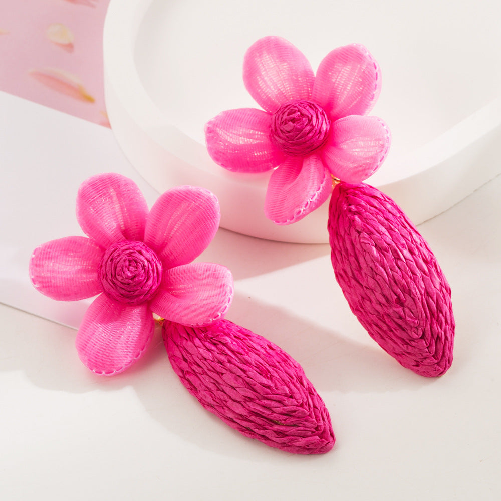 New fashion bohemian handmade raffia earrings women's spring colorful flowers temperament niche versatile earrings