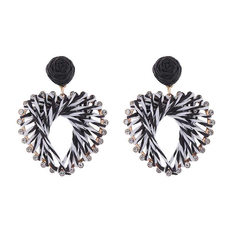 European and American new raffia braided heart-shaped S925 silver needle earrings, women's fashion versatile, atmospheric alloy inlaid diamond earrings