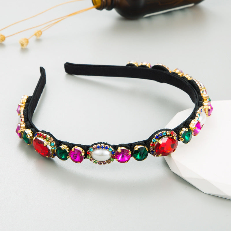 Korean New Fashion Luxury Colored Diamond Gem Headband Women's Baroque Rhinestone Pearl Thin Edge Headband Headband