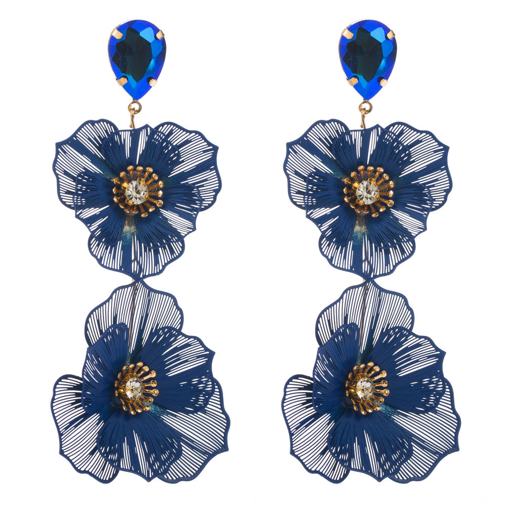 European, American and Korean sweet multi-layered flower earrings, women's diamond-encrusted light luxury, high-end earrings, temperament, long banquet earrings