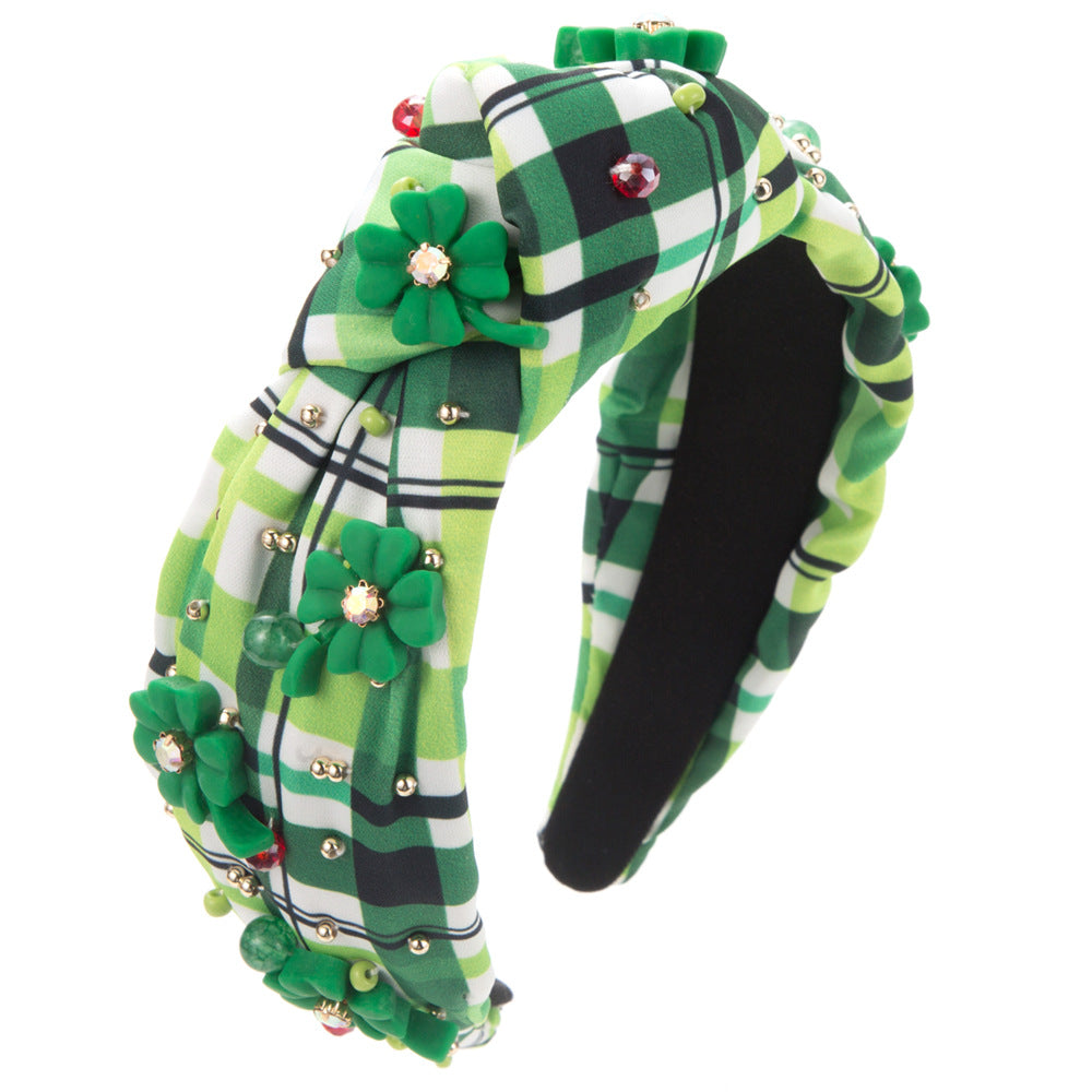 Trendy new Irish holiday headband, green checkered floral fabric, hand-stitched pearl glass diamond temperament, niche hair accessories