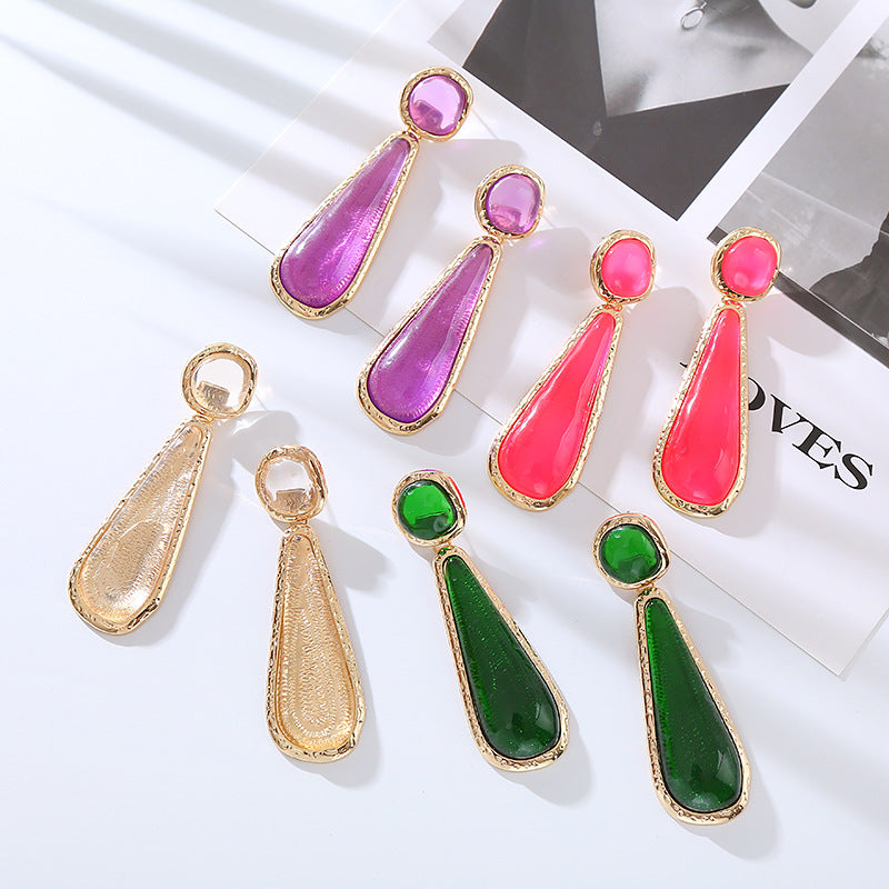 ZA personality retro earrings, long color pear-shaped resin earrings, European and American fashion, light luxury, geometric studs