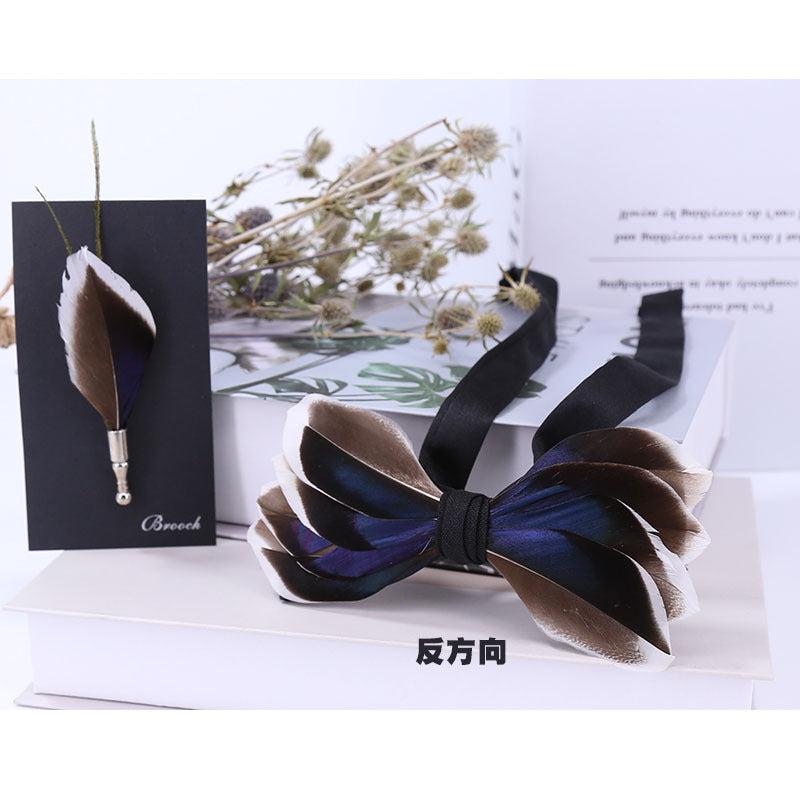 feather bow tie men's dark blue wedding fashion british korean version groomsmen bow brooch collar flower pin