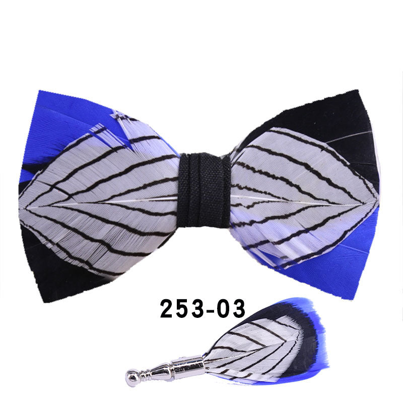 253 Black & White Striped Feather Bow Tie Men's Wedding Banquet Suit Accessories Shirt With Box Bow