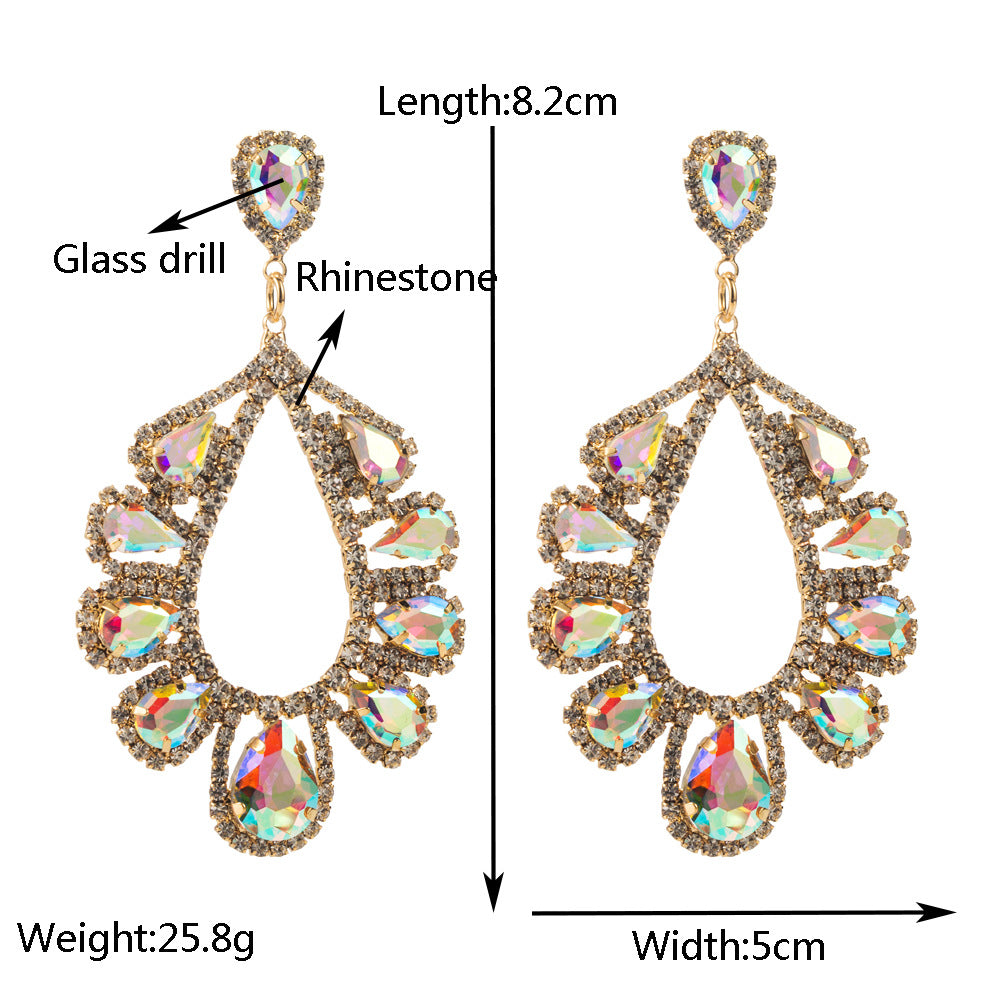 Cross-border European and American hot-selling temperament exaggerated earrings, women's personality light luxury, inlaid with colored glass diamonds, high-end banquet earrings