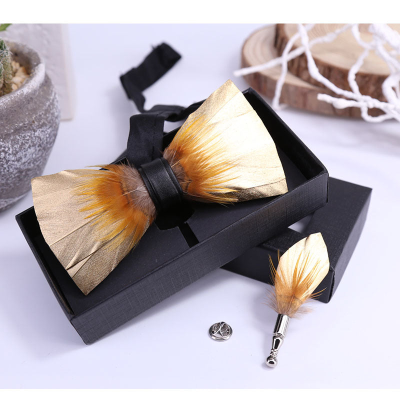 272 Golden Glitter Feather Wedding Groom Groomsman Butterfly Wedding Shirt Men's Yellow Bow Tie Flower