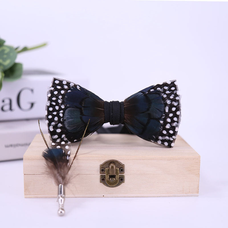 278 ink blue black and white polka dot pearl feather bow tie man host groom with children's flower girl bow