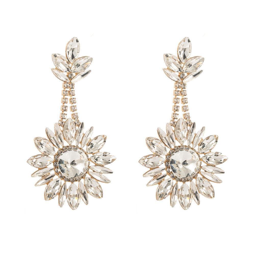 European and American new cross-border flower pendant earrings luxury exaggerated color full diamond round long banquet earrings wholesale