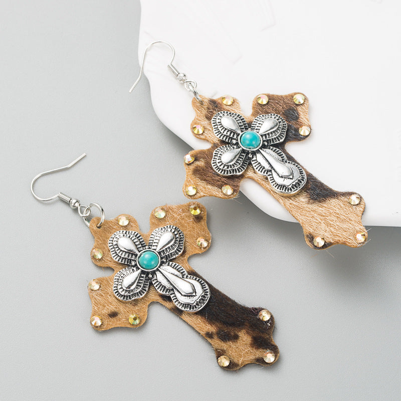 Amazon explosive earrings, European and American trends, leopard print, leather, cross earrings, alloy inlaid turquoise, exaggerated earrings