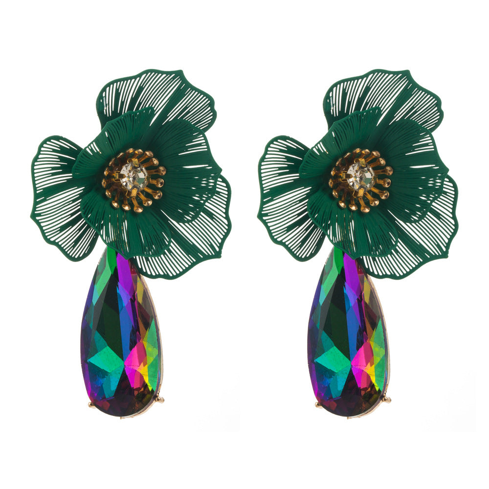 European and American trend: summer diamond-studded flower earrings, exaggerated personality, creative dazzling water drop earrings, light luxury temperament earrings