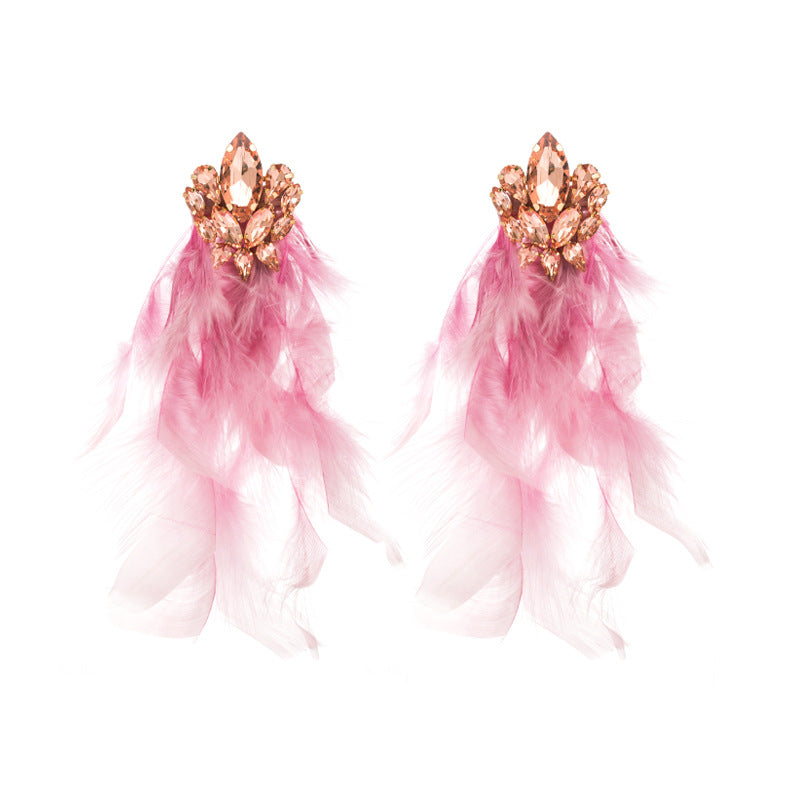 European and American fashion alloy diamond floral long feather tassel earrings women's fashion high-end bohemian earrings