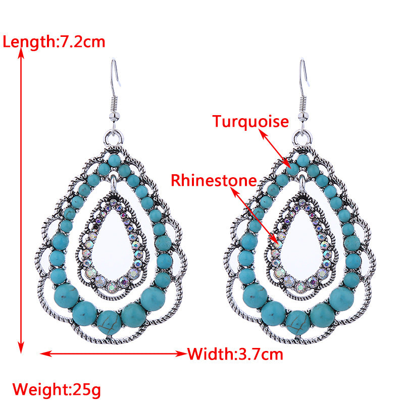 Cross-border new double layer water drop cut-out pendant inlaid with turquoise earrings women's personality vintage high quality party earrings