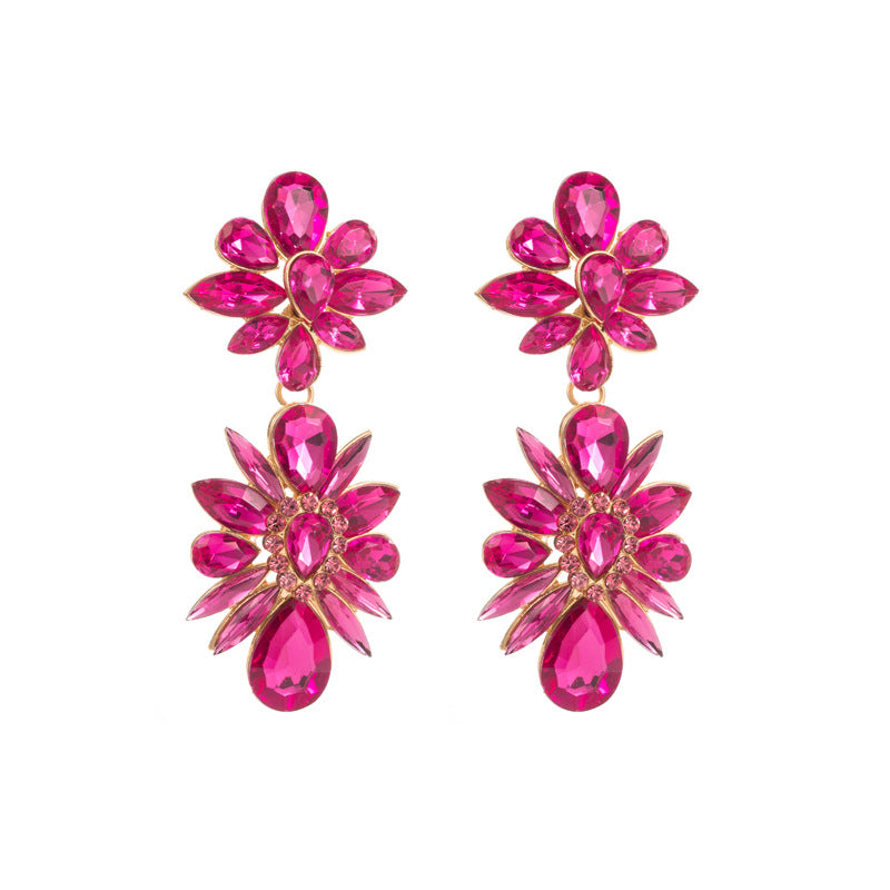 European and American fashion colored diamond alloy earrings women's ins long flower earrings high-end party earrings cross-border wholesale