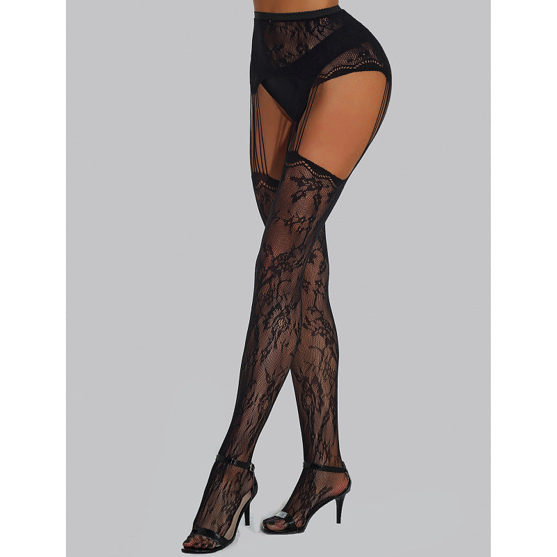 Yue Die foreign trade new sexual feelings fun lace jacquard net stockings open suspender one-piece net socks 1504