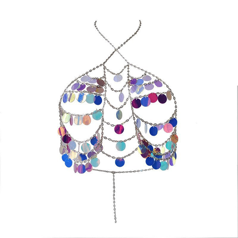 European and American cross-border new accessories fashionable and sexy multi-layer colorful drops wrap chest body chain versatile women's body chain