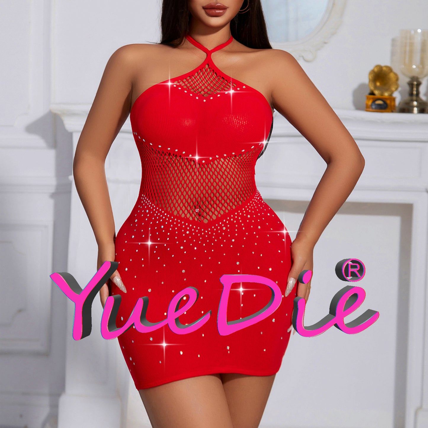 Yue Die, European and American New Suspender Hot Diamond Dress, Hollow Temptation Hip Skirt, Sexy Tight Mesh Skirt CYT706