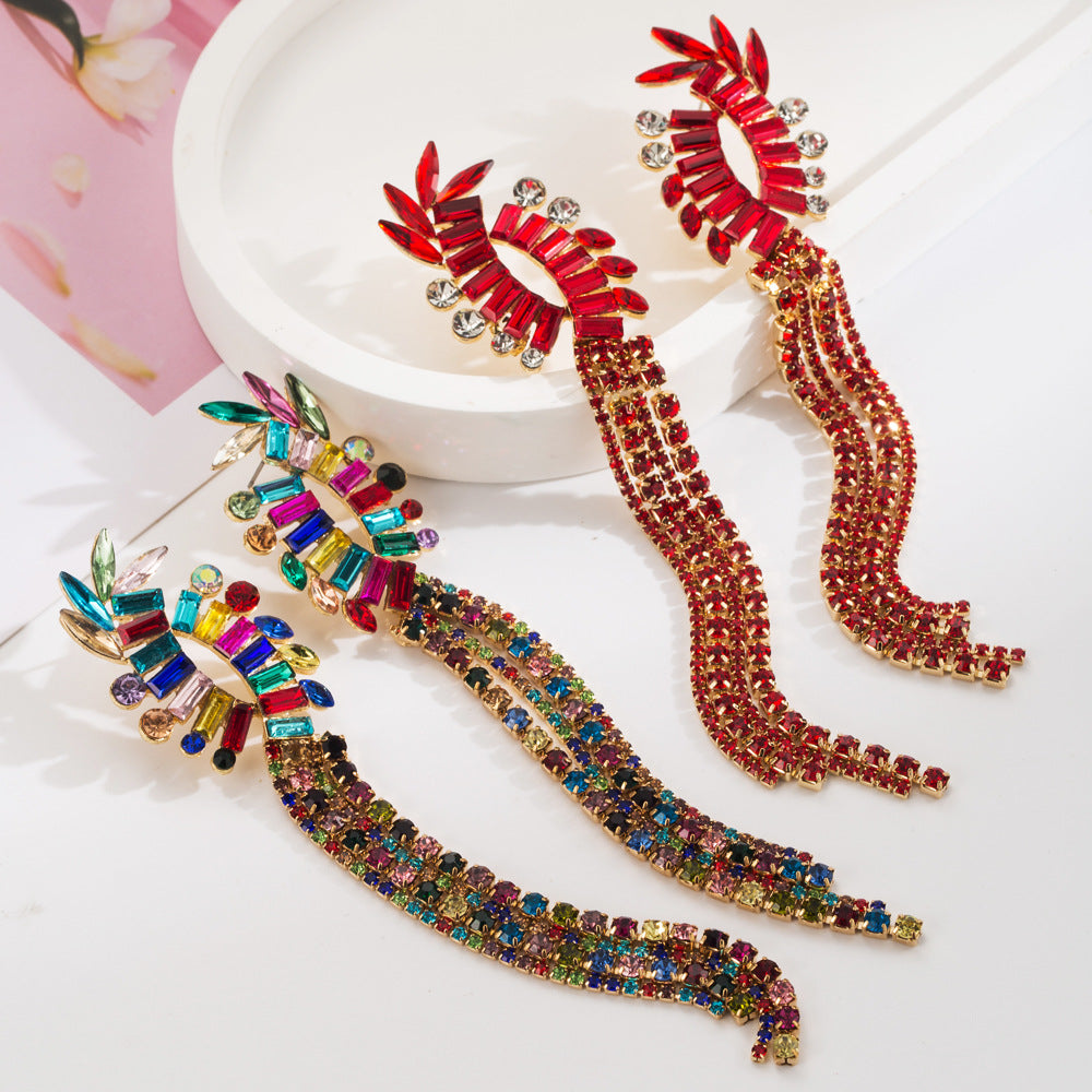 European and American fashion new claw chain tassel earrings, light luxury alloy inlaid with colored diamonds, long temperament, high-end party earrings