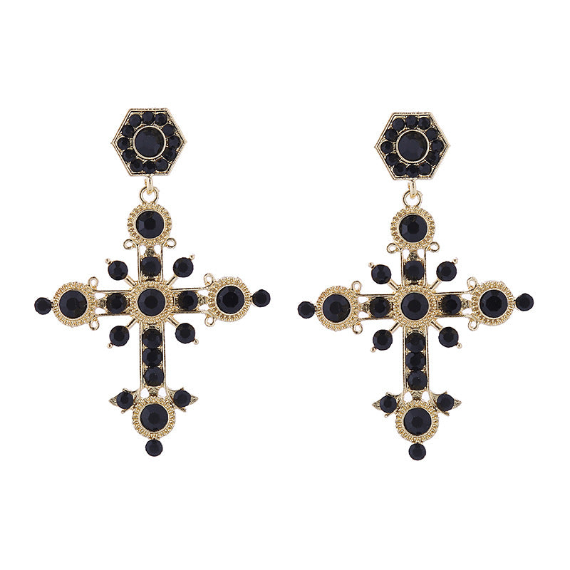 European and American colored diamond stud earrings Internet celebrity bohemian national style alloy diamond cross earrings female cross-border supply