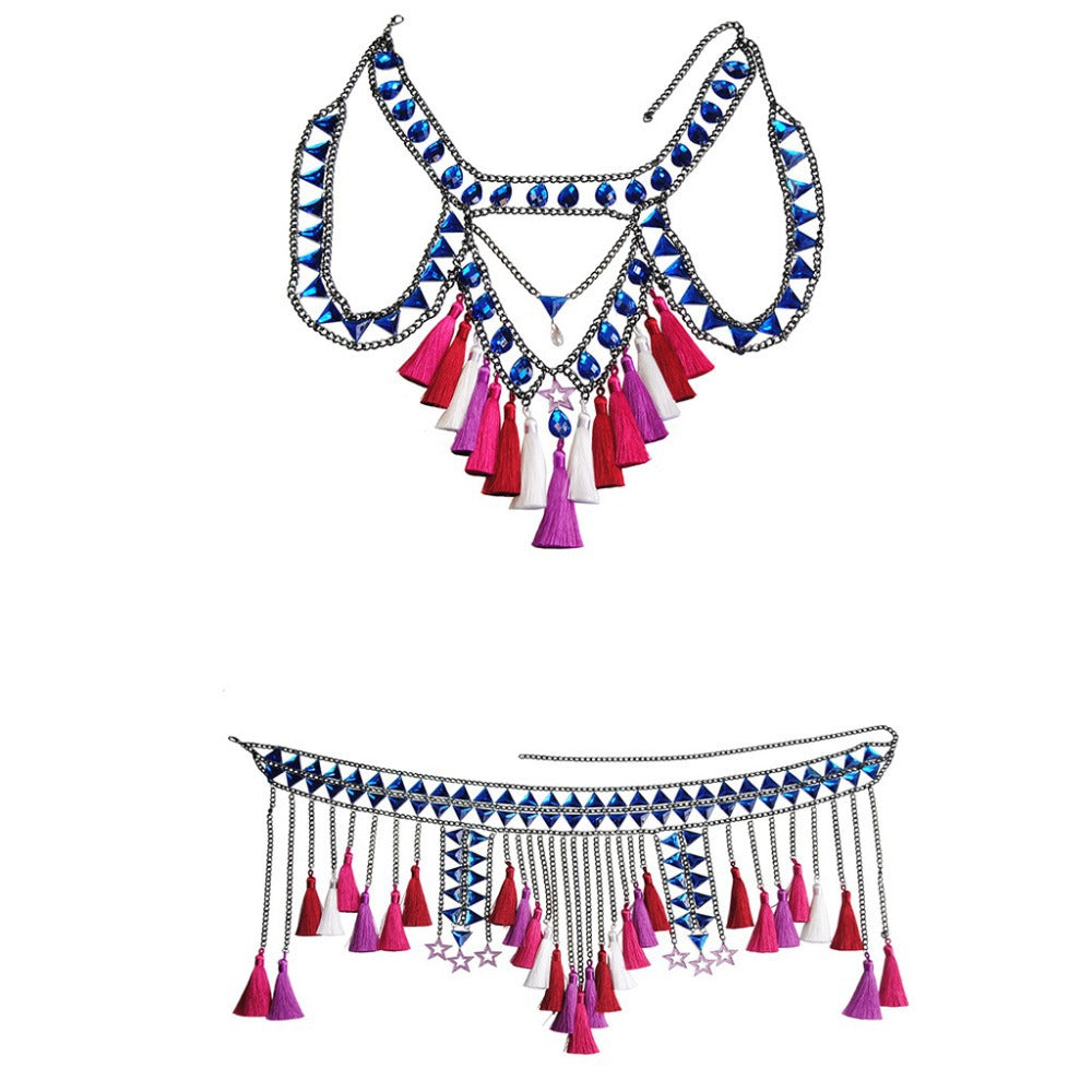 New European and American cross-border fashion jewelry, summer sexy beach tassel pendant, bra + waist chain set, body chain