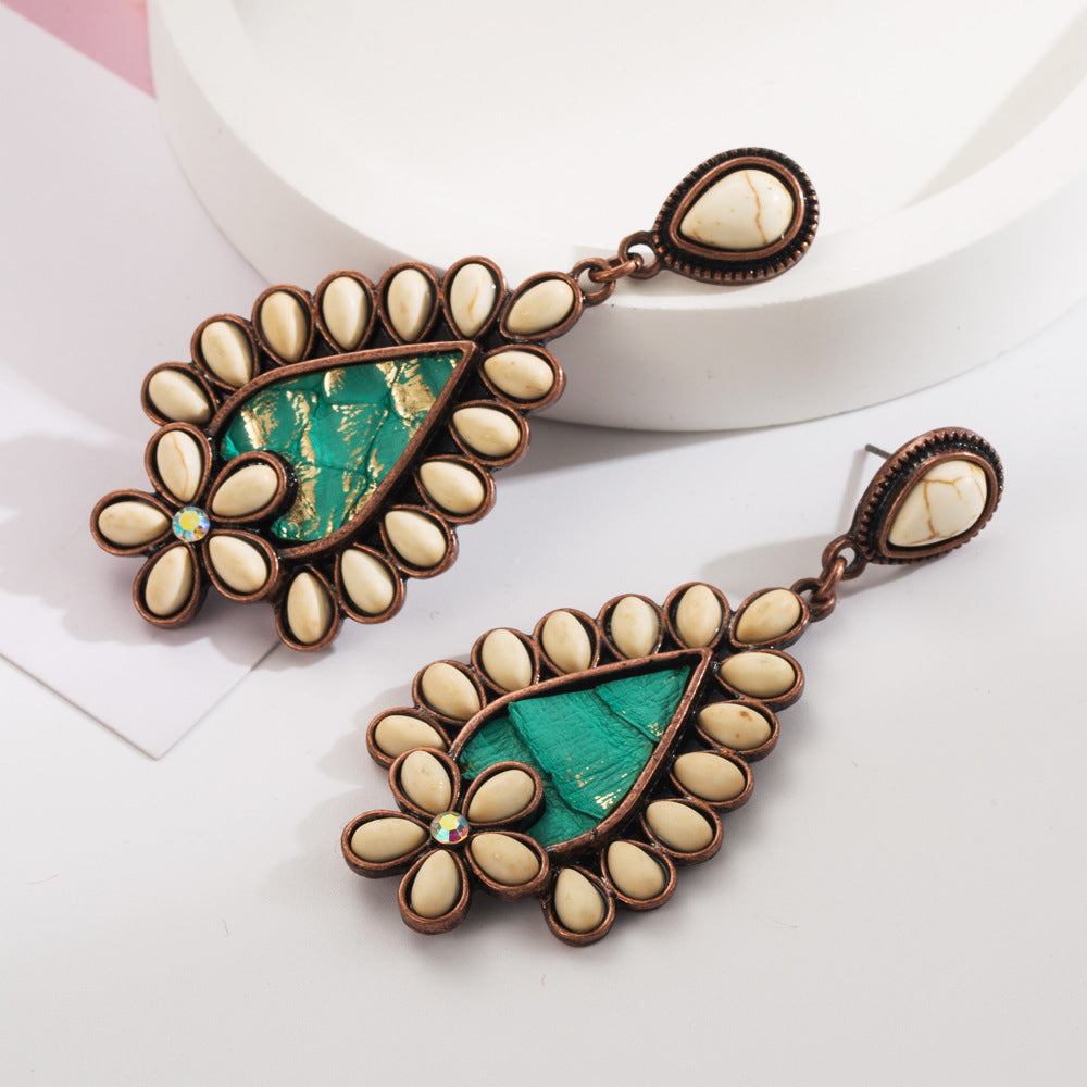 Amazon's popular trendy turquoise earrings, European and American creative leopard print leather, turquoise exaggerated niche earrings