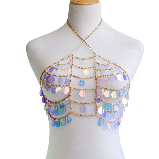 European and American cross-border hot sale new fashion jewelry, multi-layer color chest chain, women's alloy sequin bra, body chain