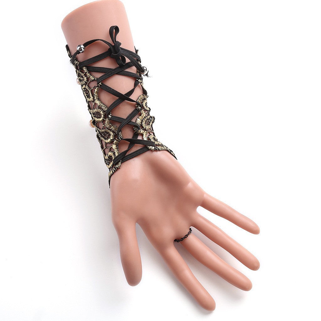 The new European and American cross-border personality exaggerated retro hand decorated gold lace lace pearl long arm chain