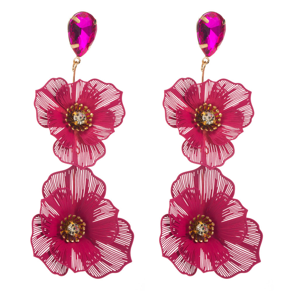 European, American and Korean sweet multi-layered flower earrings, women's diamond-encrusted light luxury, high-end earrings, temperament, long banquet earrings