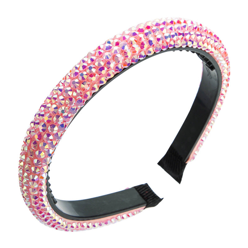 Cross-border European and American spring and summer new thin edge super flash headband, bright solid color fabric, full diamond headband, toothed anti-slip hair accessories