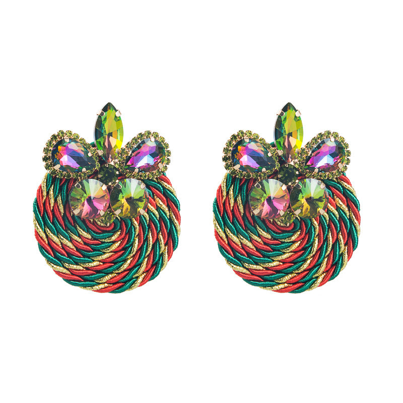 European and American fashion personality geometric alloy diamond inlaid glass diamond polyester elastic thread weaving high-end earrings earrings