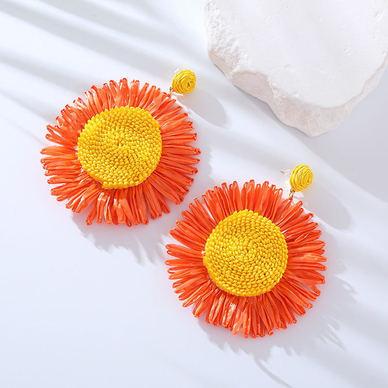 European and American cross-border hot selling hand-woven earrings, raffia, sunflowers, large flowers, earrings, personality, pastoral style earrings