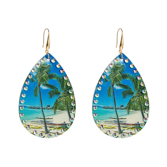 European and American new summer leather coconut tree print earrings tropical rainforest diagram beach feng shui drop-shaped exaggerated earrings