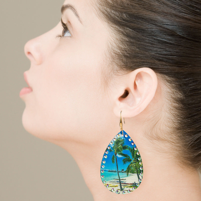 European and American new summer leather coconut tree print earrings tropical rainforest diagram beach feng shui drop-shaped exaggerated earrings