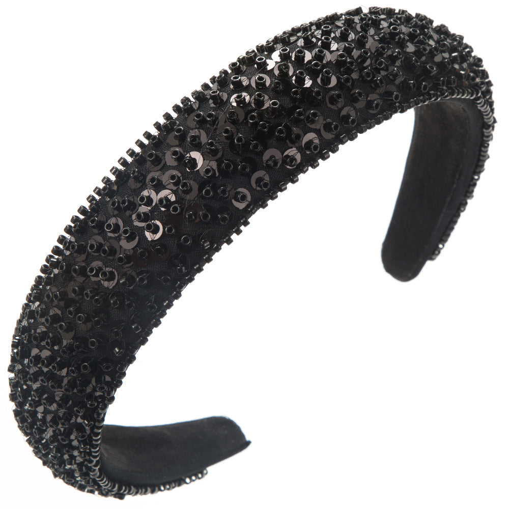 Korean version luxury handmade beaded crystal sequin headband women's simple super glitter wide-brimmed fashion high-end headband hair accessories