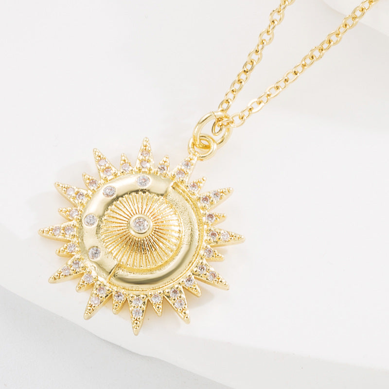 European and American cross-border new ins style creative sun pendant exaggerated personality necklace copper gold-plated diamond versatile jewelry