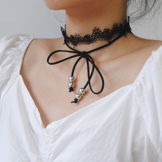 2024 European and American sexy retro lace lace bow double lace short necklace necklace women's clavicle chain ornament