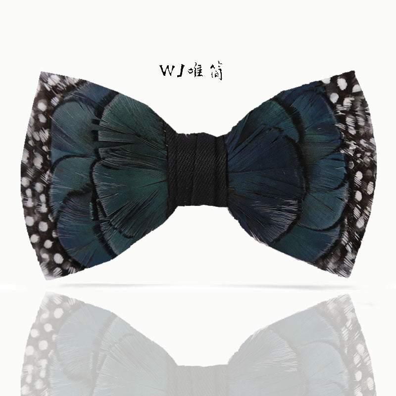 278 ink blue black and white polka dot pearl feather bow tie man host groom with children's flower girl bow