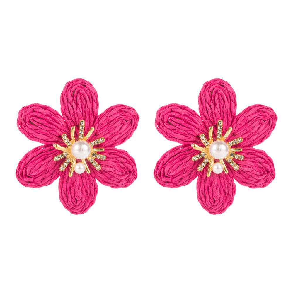 European and American fashion hand-woven raffia flower earrings, resort style alloy diamond pearl stamen stud earrings