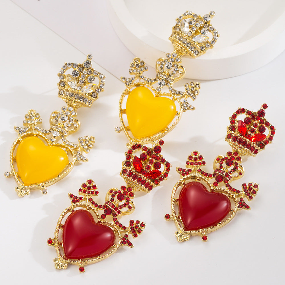 European and American vintage alloy diamond love crown earrings S925 silver needle niche earrings personality long heart-shaped earrings